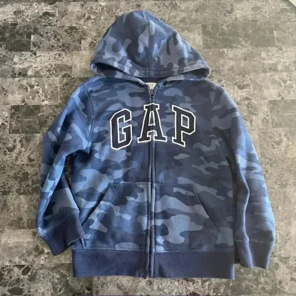 GAP Boys' Logo Hoodie Full Zip Sweatshirt (Size Small Youth) - Blue Camouflage
